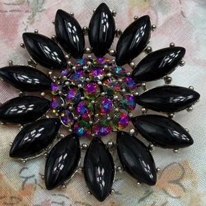Albert Weiss Black Marquise Floral Brooch with Aurora Borealis Center